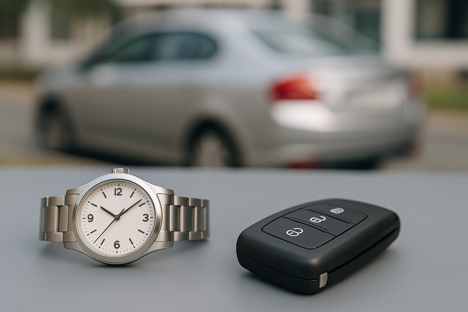 délai Montre posée à côté d’une clé de voiture, illustrant le délai nécessaire pour refaire une clé automobile selon le type et le prestataire.