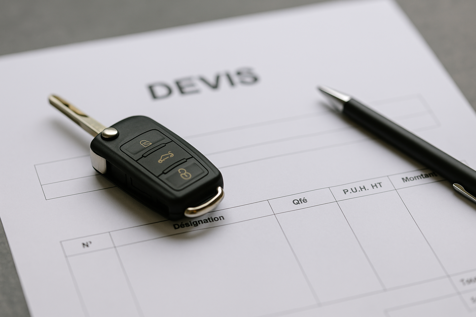 erreurs-refaire-clé-voiture Clé de voiture moderne posée sur un devis avec un stylo, illustrant les pièges à éviter lors de la reproduction d’une clé auto.