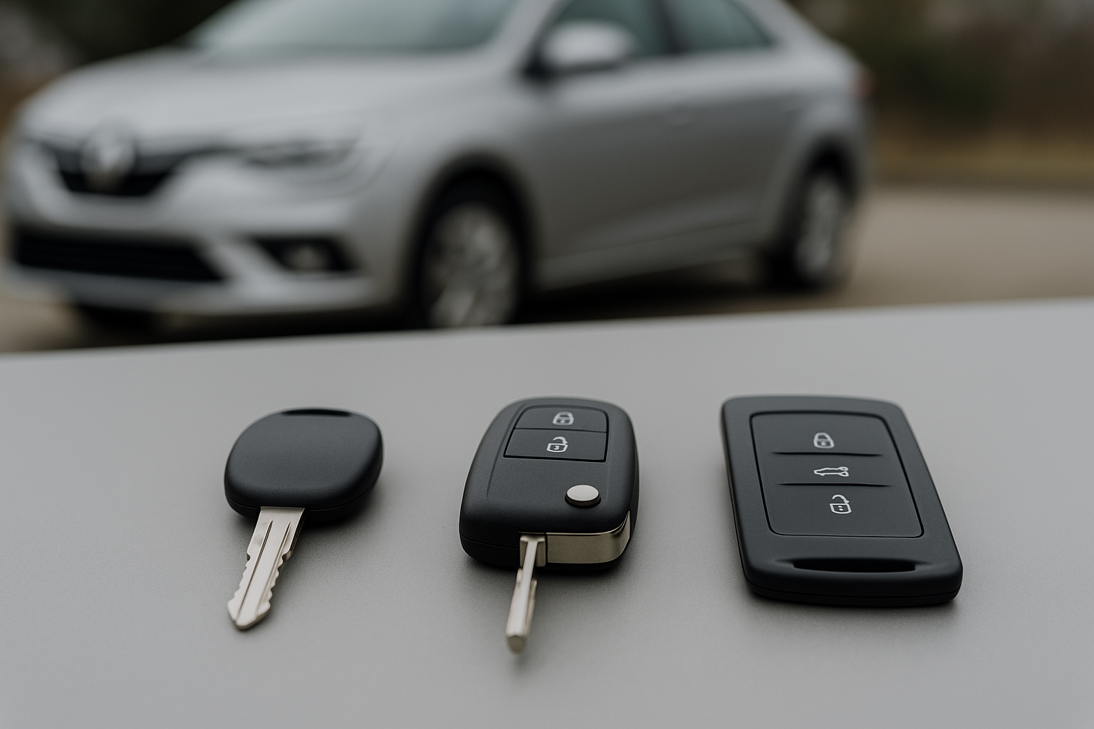 Clés de voiture mécaniques, clé plip avec transpondeur et smart key posées devant une automobile, illustrant le fonctionnement des serrures.