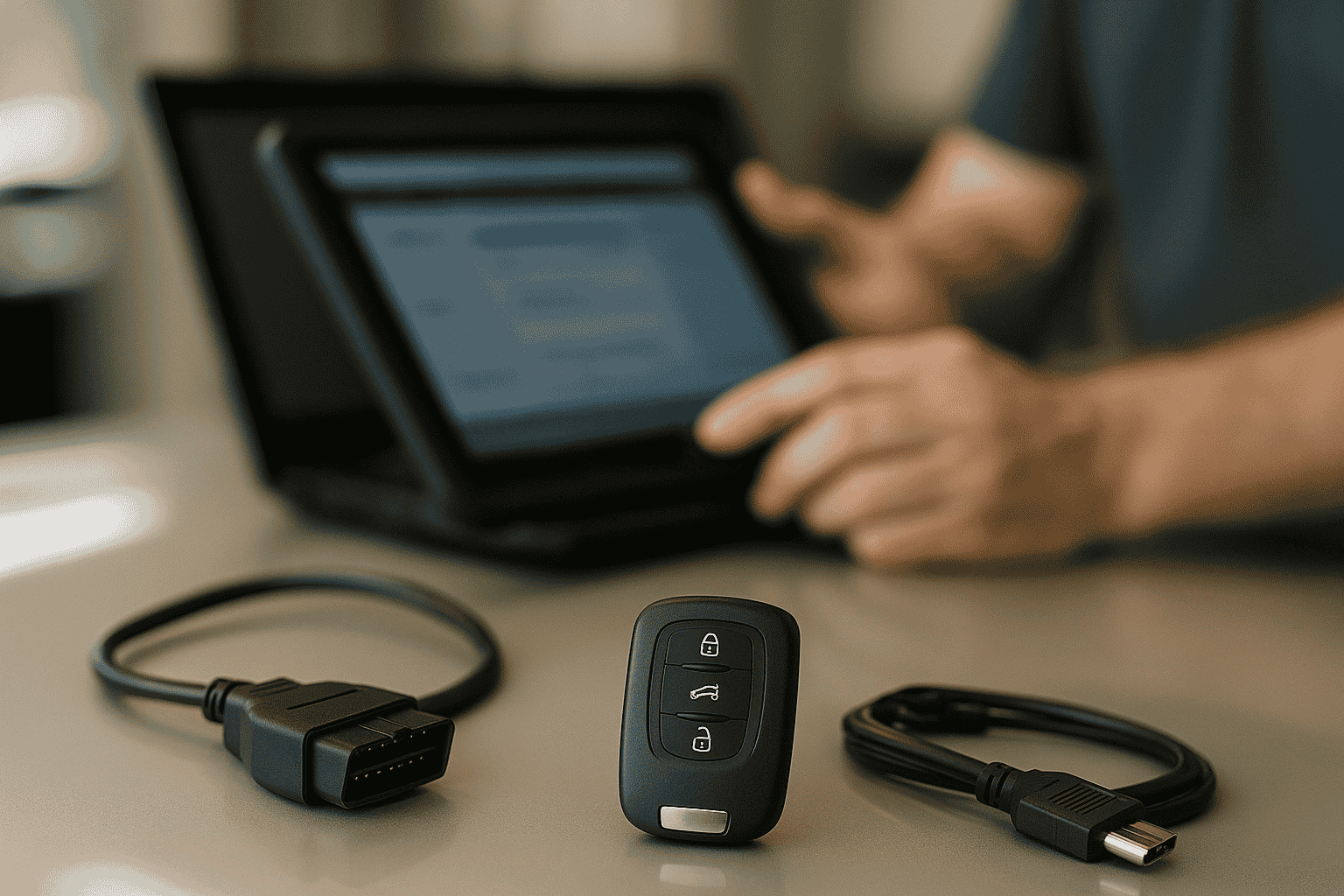 reprogrammer clé Clé de voiture moderne et valise de diagnostic, illustrant la reprogrammation de clé.Sécurclés